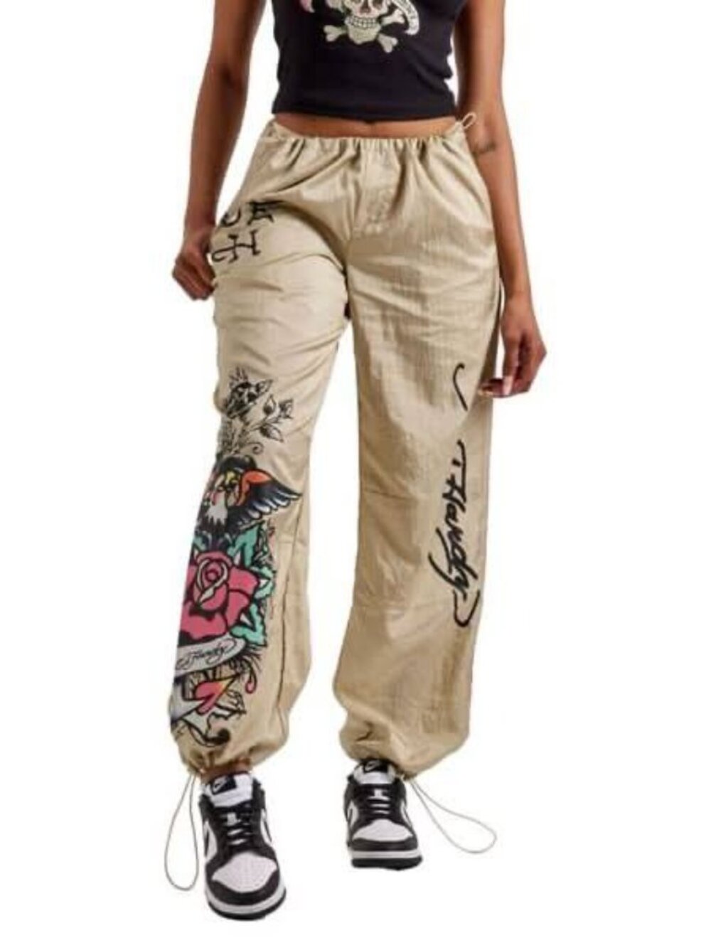 NWT Ed Hardy Women's Eagle Anchor Nylon Pants Gold Size Medium - Picture 3 of 11